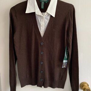 RALPH LAUREN Brown Cashmere Silk Cardigan Sweater w/Attached Blouse - S - NWT